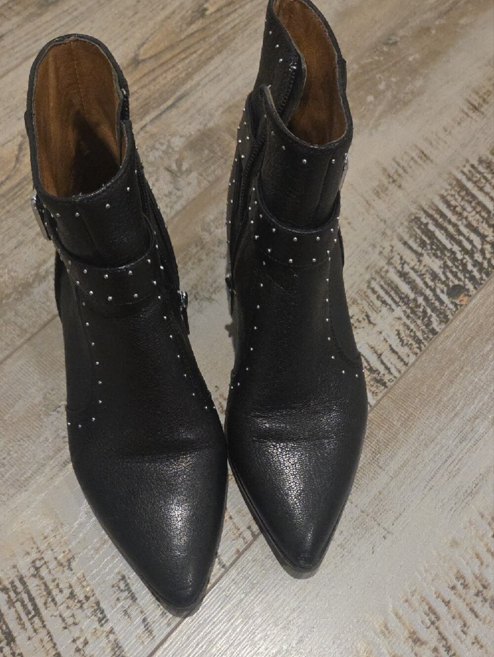 ANTONIO MELANI Black Pointed Toe Studded Ankle Booties with Buckle Strap